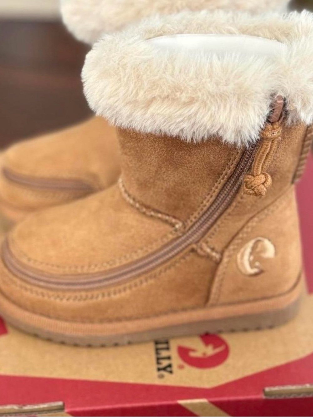 Kids Faux-Suede Winter Zip Boots with Plush Collar - Tan